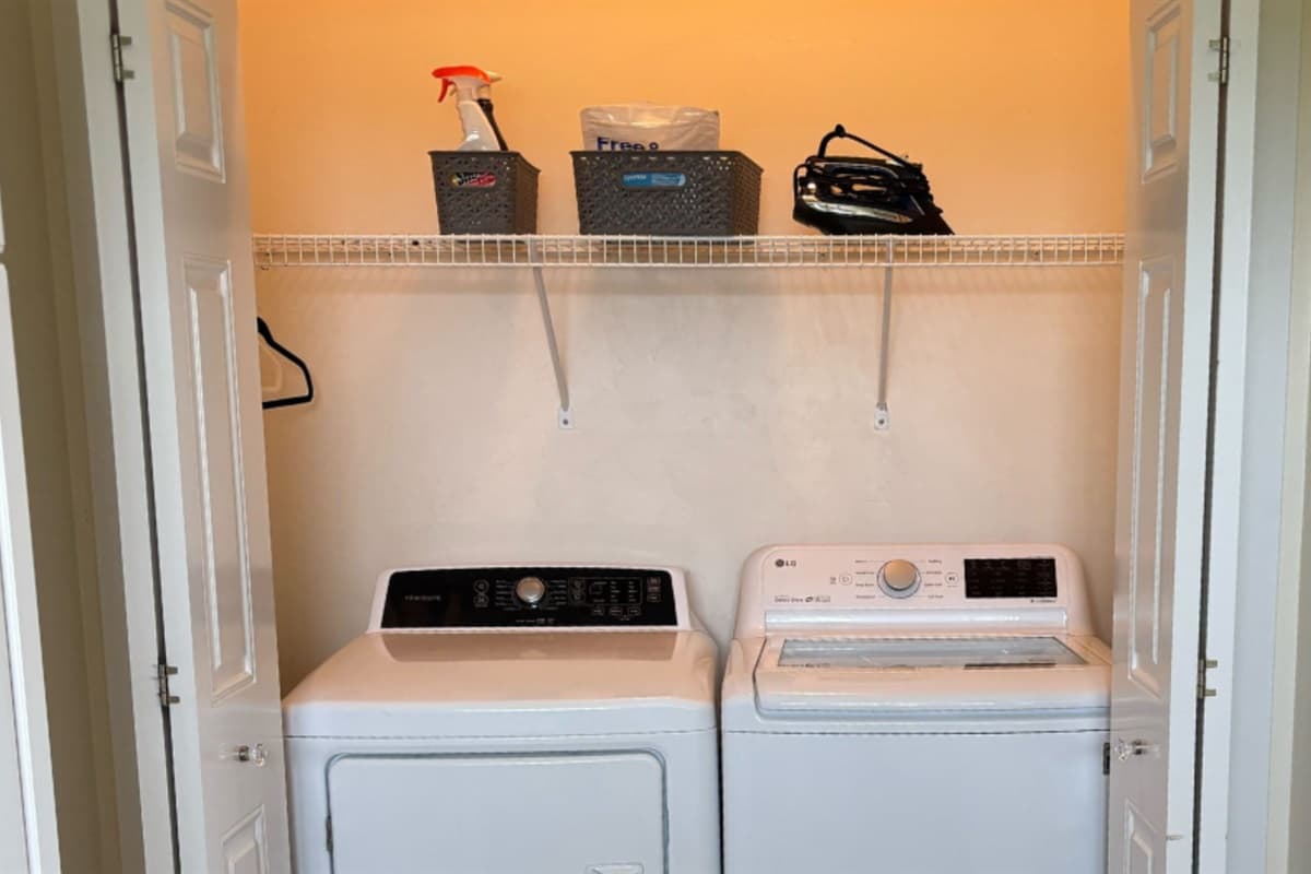 Laundry made easy! Washer, dryer, and ironing essentials included for your convenience.