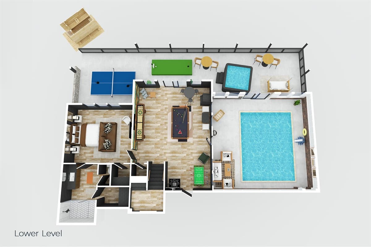 This floor plan highlights the recreation level, featuring an indoor swimming pool, a games area, and additional bedrooms.