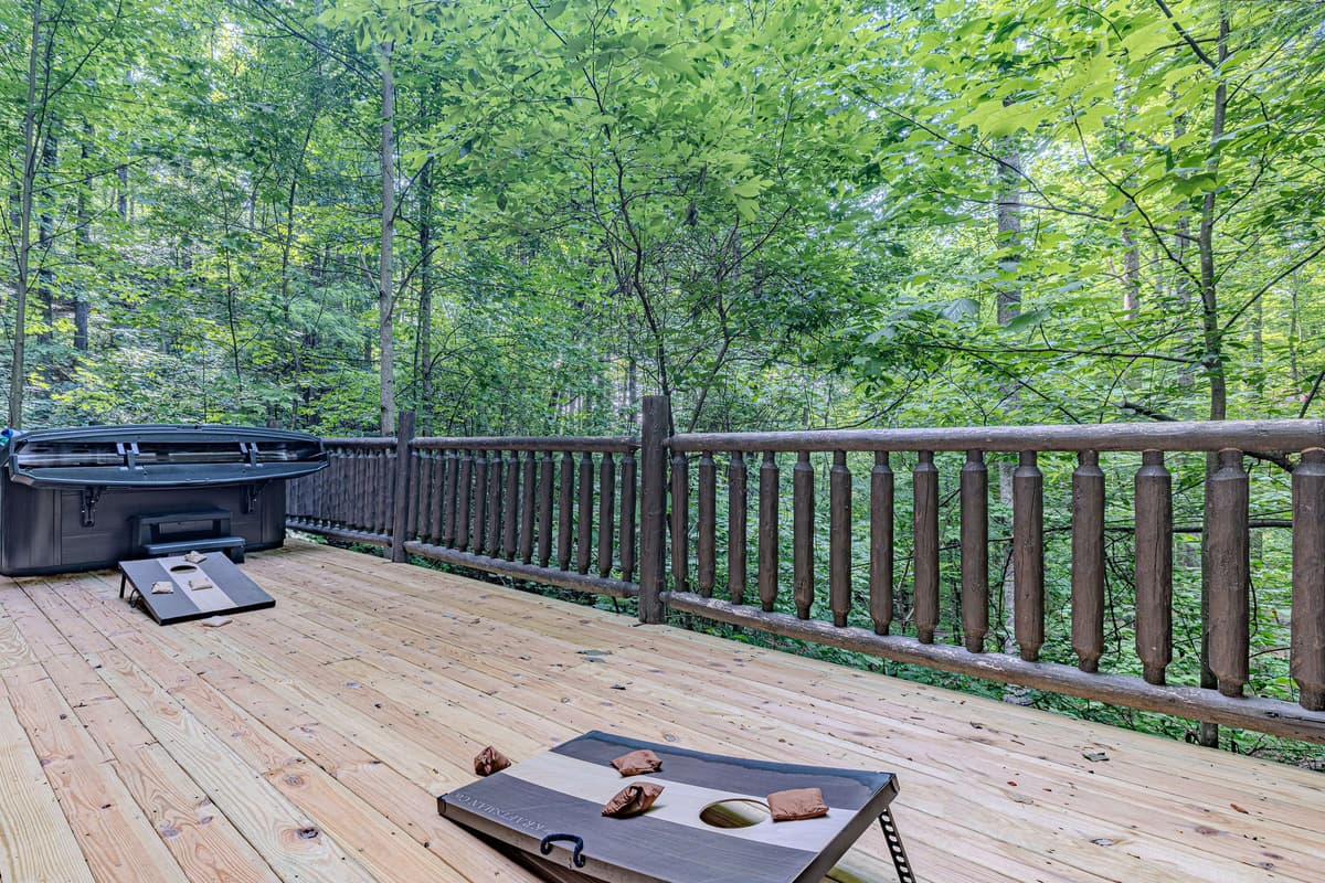 Challenge your crew to a game of cornhole, cheer on the winners, then unwind together in the warm, bubbling hot tub.