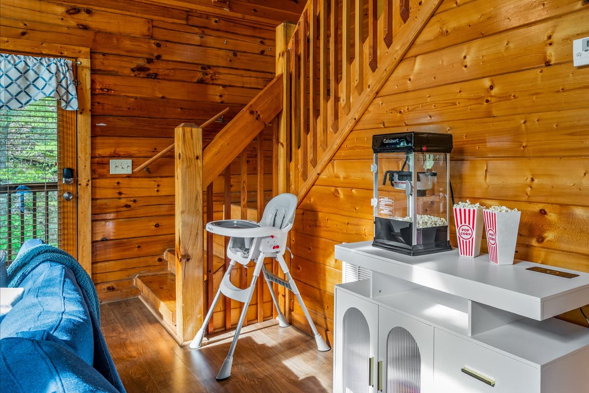 Make family time even more fun with a popcorn maker station and a convenient high chair.