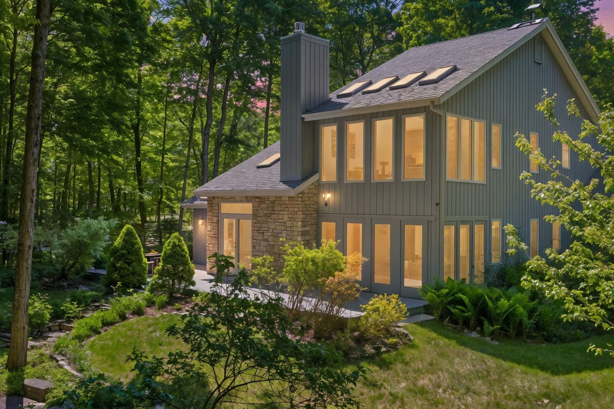 Surrounded by beautiful trees and lush greenery, this home offers a peaceful natural setting.