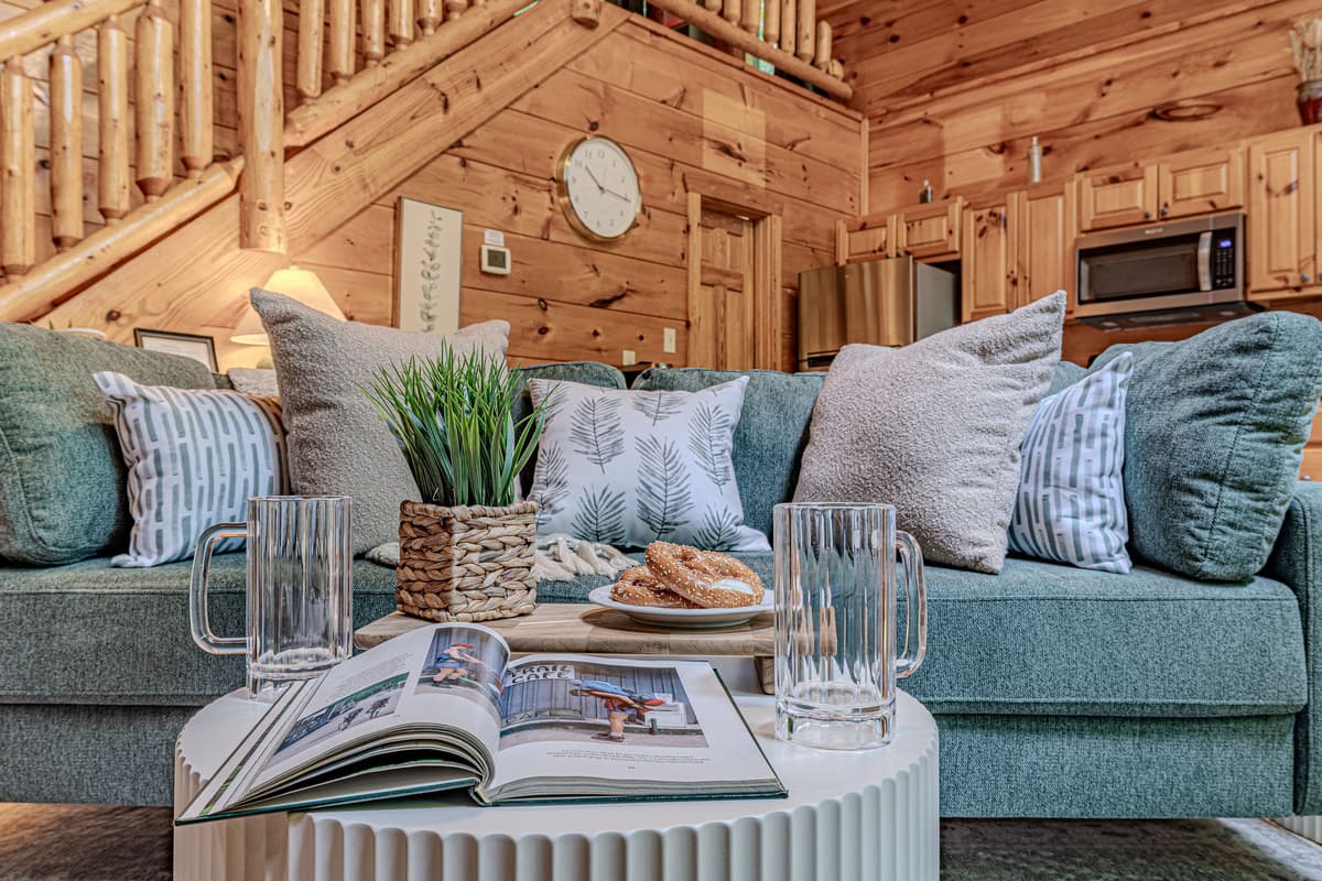 Sink into the comfortable sofa and settle in for a cozy evening in the cabin.