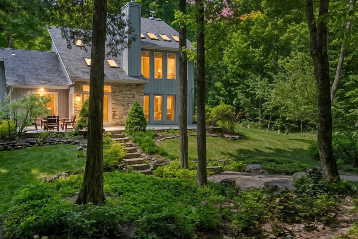 The mature trees create a serene atmosphere and add to the privacy of the property.