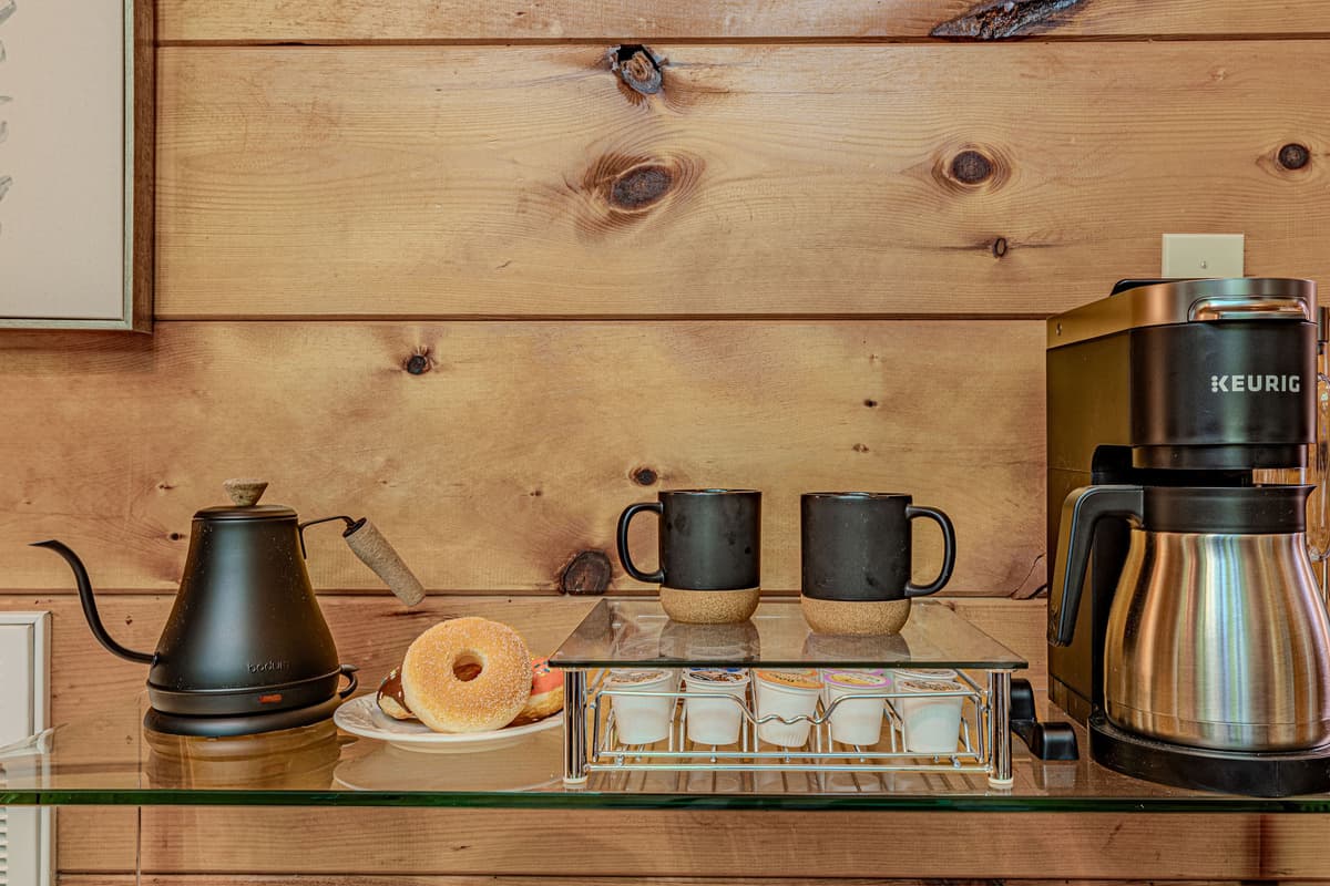 Start your morning with a fresh cup of coffee from the convenient coffee station, offering both a traditional brew and K-Cup options.