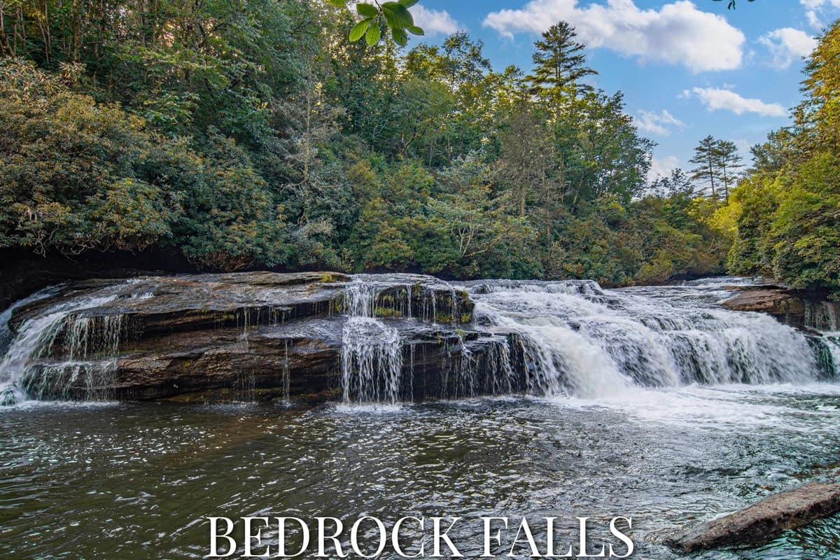 Bedrock Falls is the main hub for tubing and gatherings, where guests launch into the river, fish above and below the falls, and even host small wedding ceremonies, with a jump spot on the left and a rope climb on the right, all at your own risk.