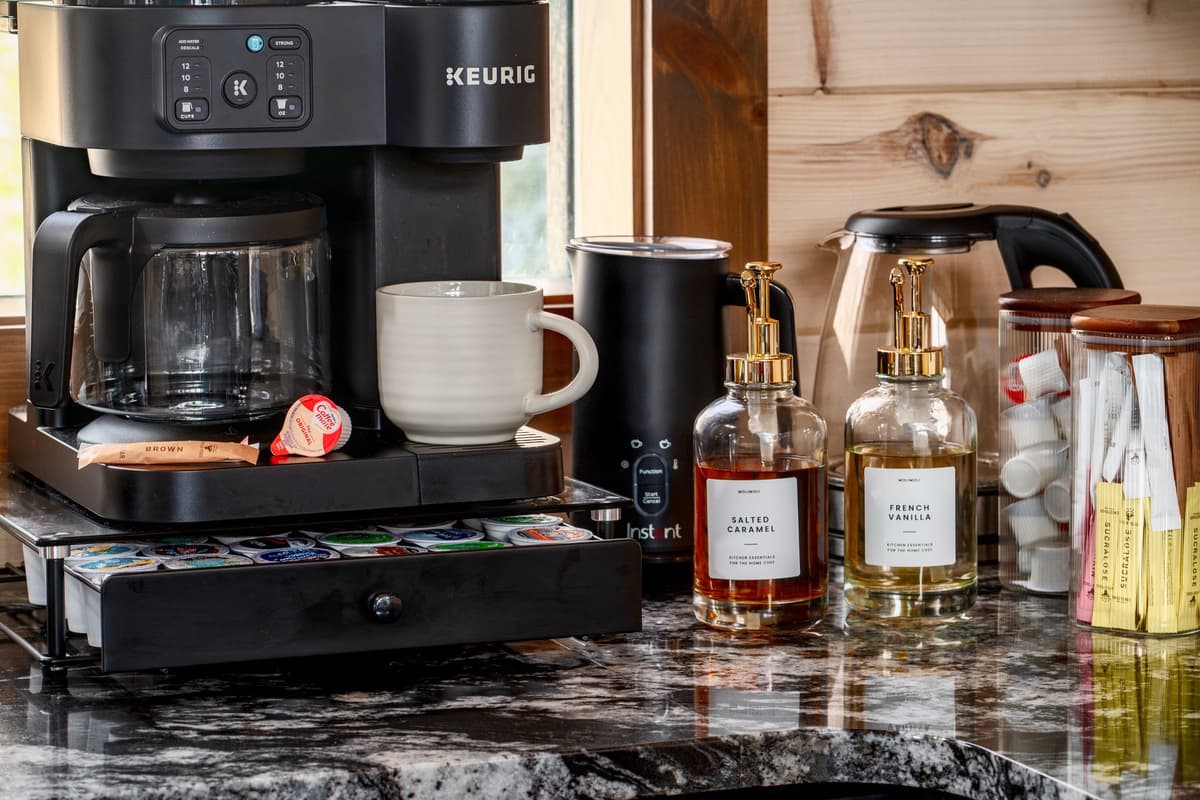 Start your mornings with a fresh cup of coffee at the convenient coffee station, thoughtfully stocked with both a traditional brew coffee maker and a Keurig for K-Cup lovers.