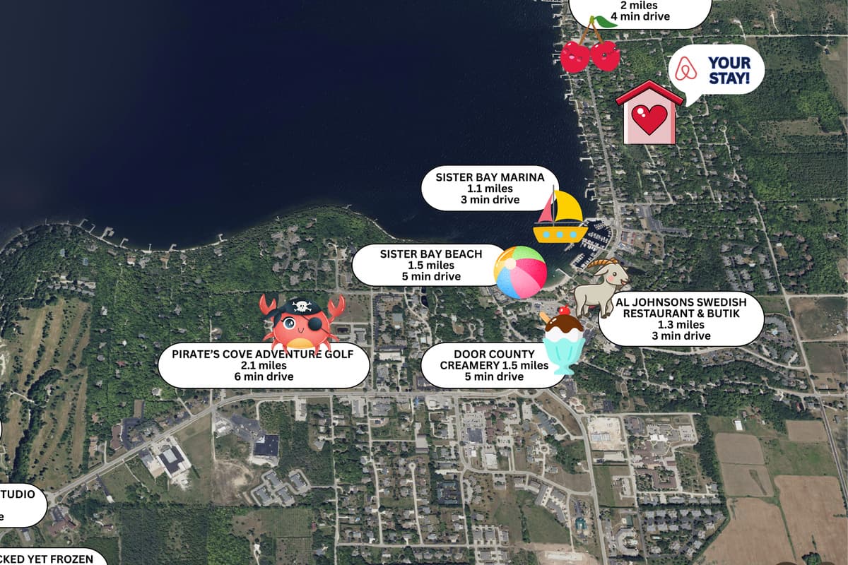 Plan your Door County adventures with our local attractions map, featuring nearby restaurants, shops, outdoor activities, and must-see destinations.