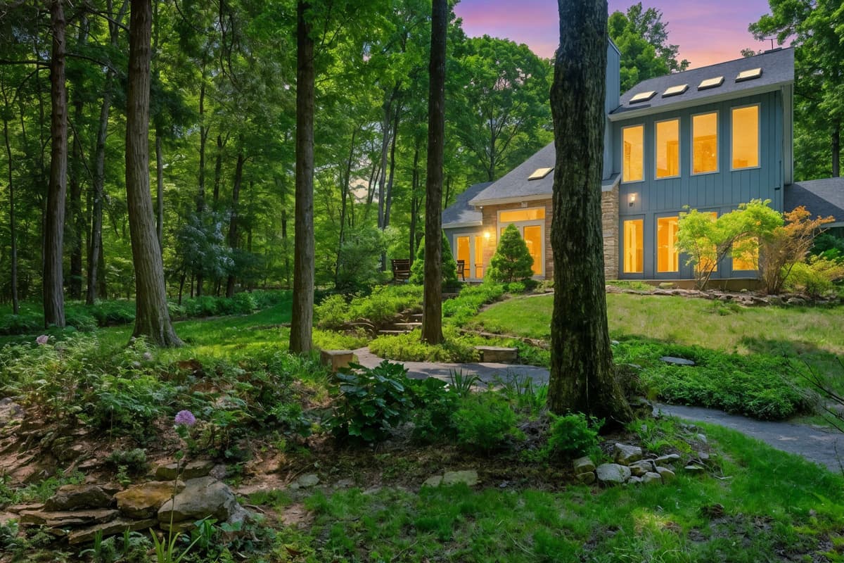 Surrounded by trees and greenery, the peaceful setting makes evenings by the fire even more inviting.