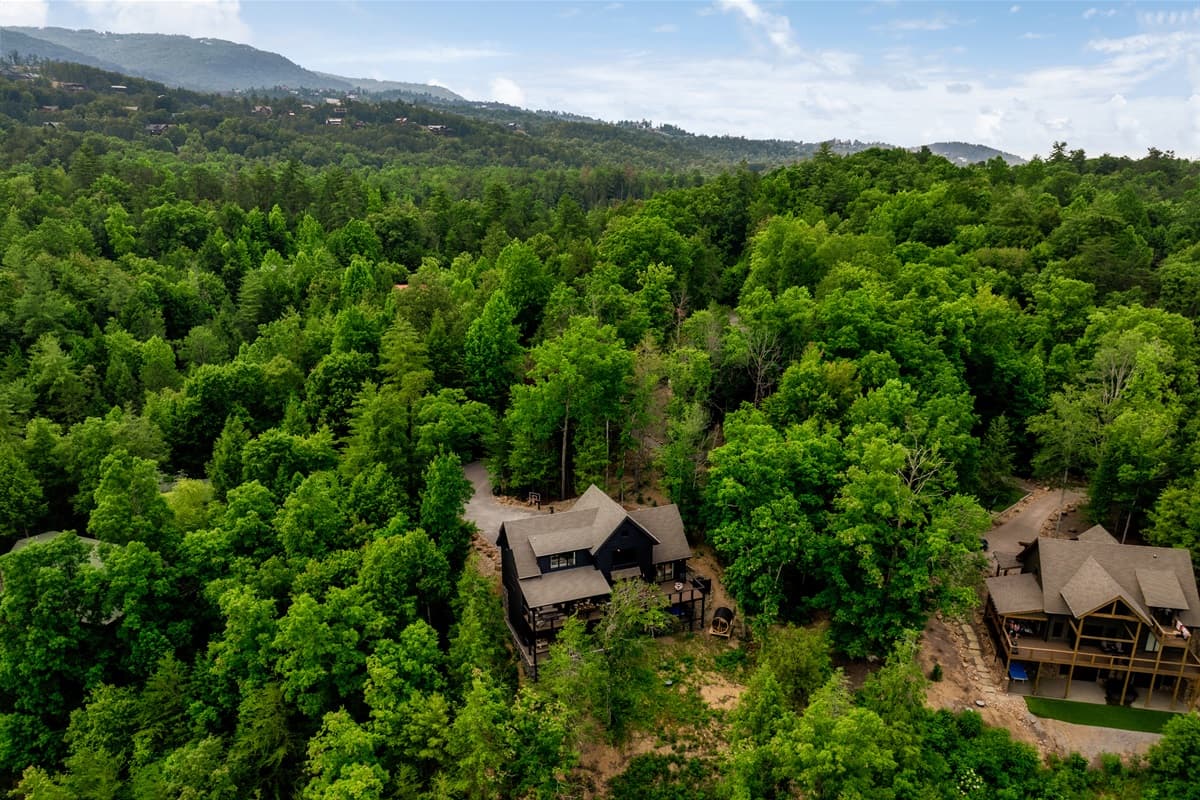 An aerial view showcases the luxurious home nestled amidst a dense, vibrant green forest, highlighting its secluded and natural setting.