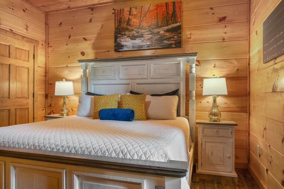 Cozy rustic touches add warmth and charm to the room, creating a peaceful cabin atmosphere.