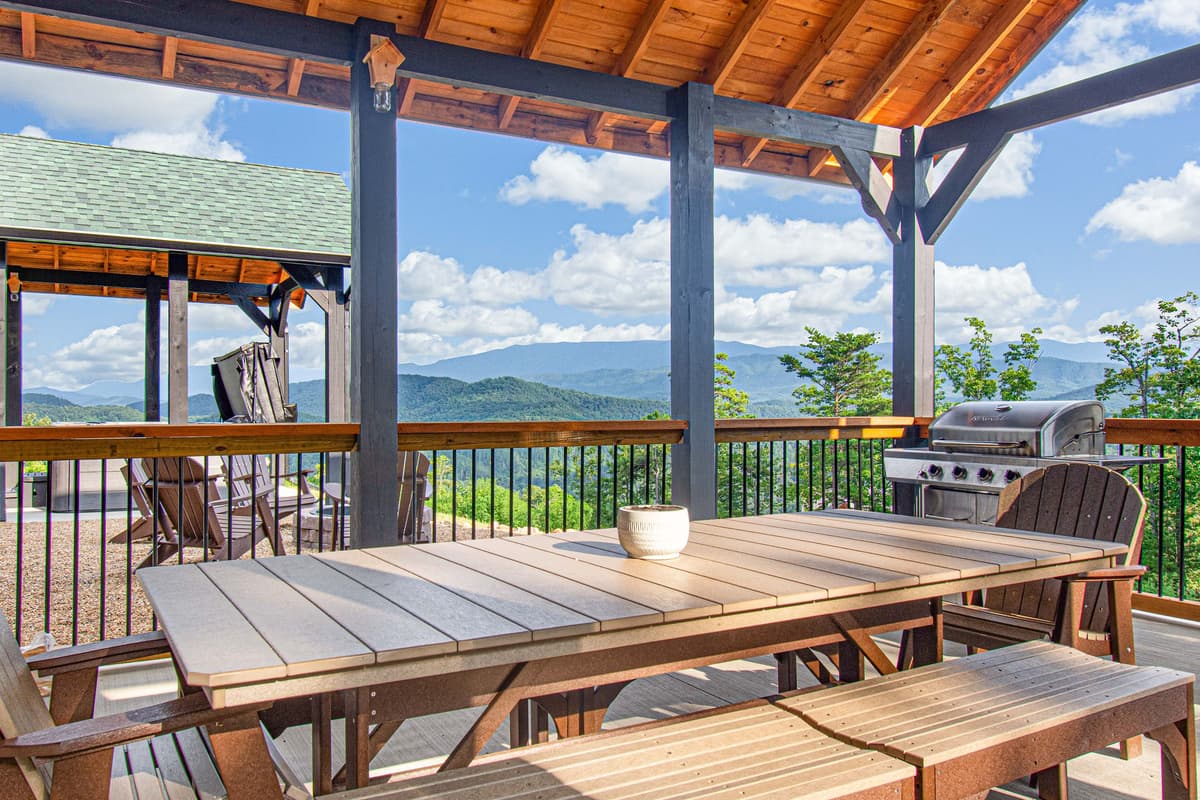 Enjoy outdoor dining and relaxing mountain evenings in the cabin’s inviting gazebo.