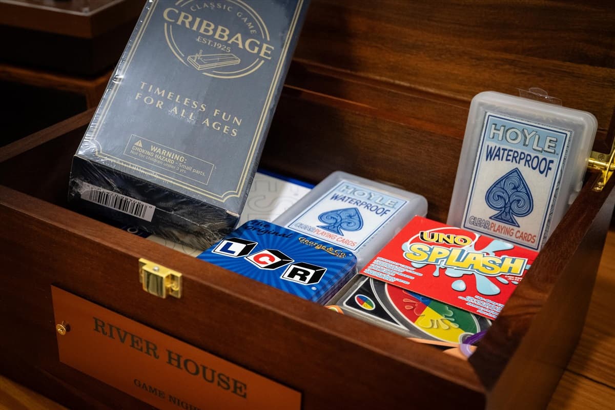 River House Game Box Stocked with Board Games, Card Games and Family Fun