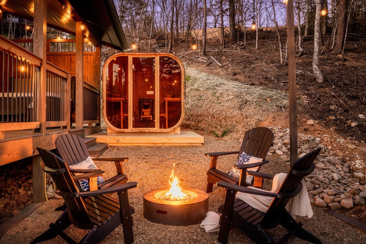 Enjoy a peaceful backyard retreat featuring a private sauna and convenient propane fire pit.