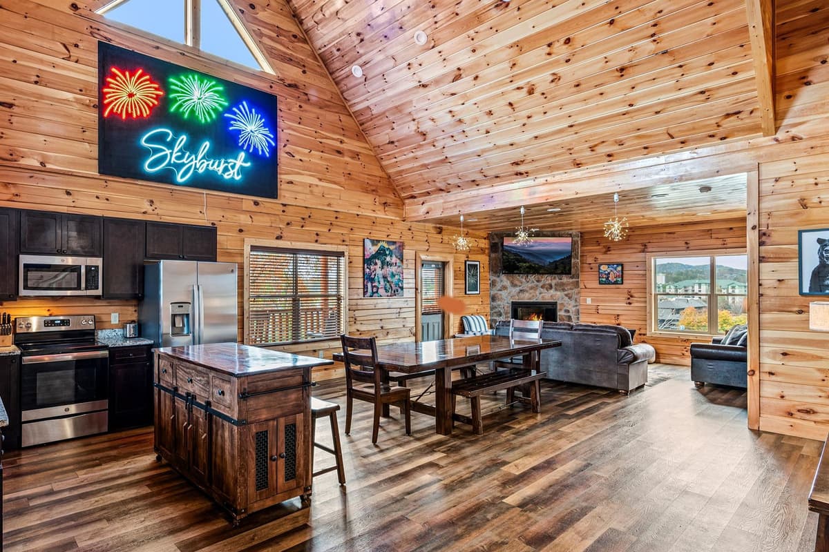 Gather together in the cabin’s spacious open-concept living area.
