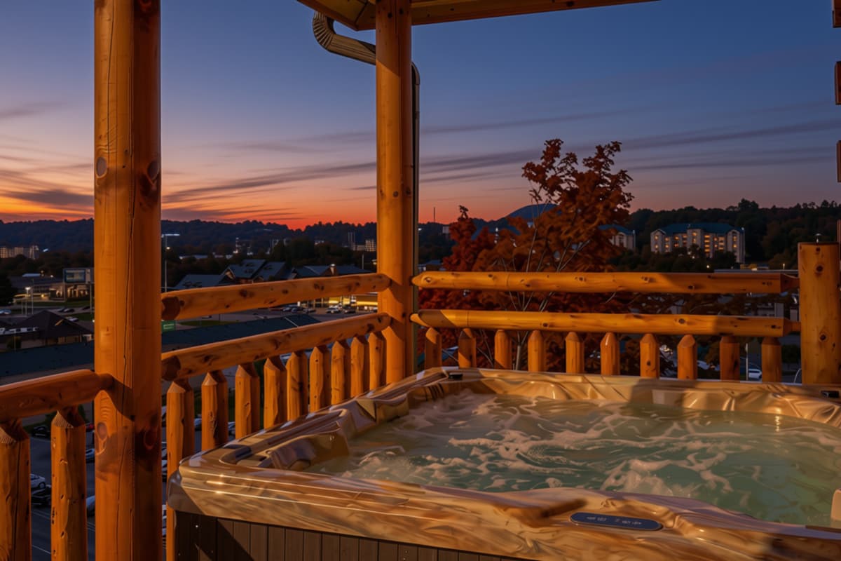 Soak your cares away in the hot tub while the mountains glow beneath the evening sky.