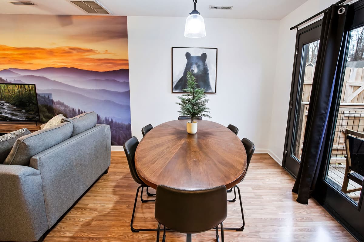 The dining area is conveniently located adjacent to the living space.