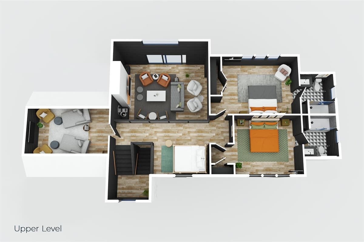 This floor plan details a lower level of the home, featuring additional bedrooms, a bathroom, and potentially a media or lounge area.