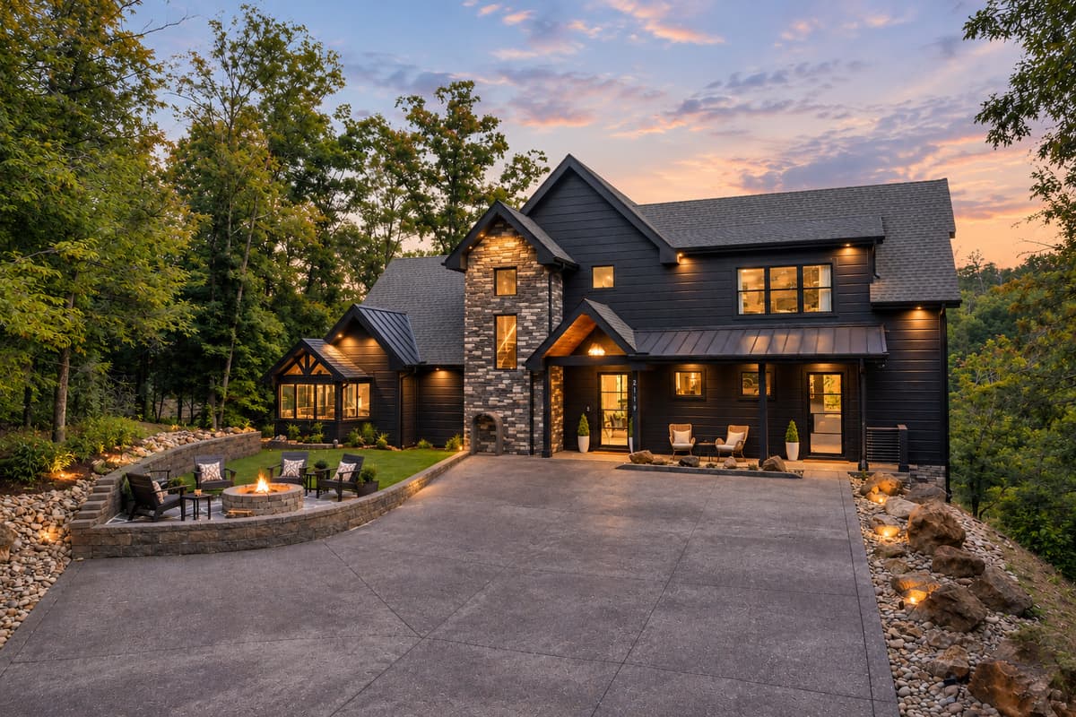 This stunning modern home features a striking dark exterior with stone accents, a large driveway, and inviting outdoor amenities including a fire pit area and a children's play set.