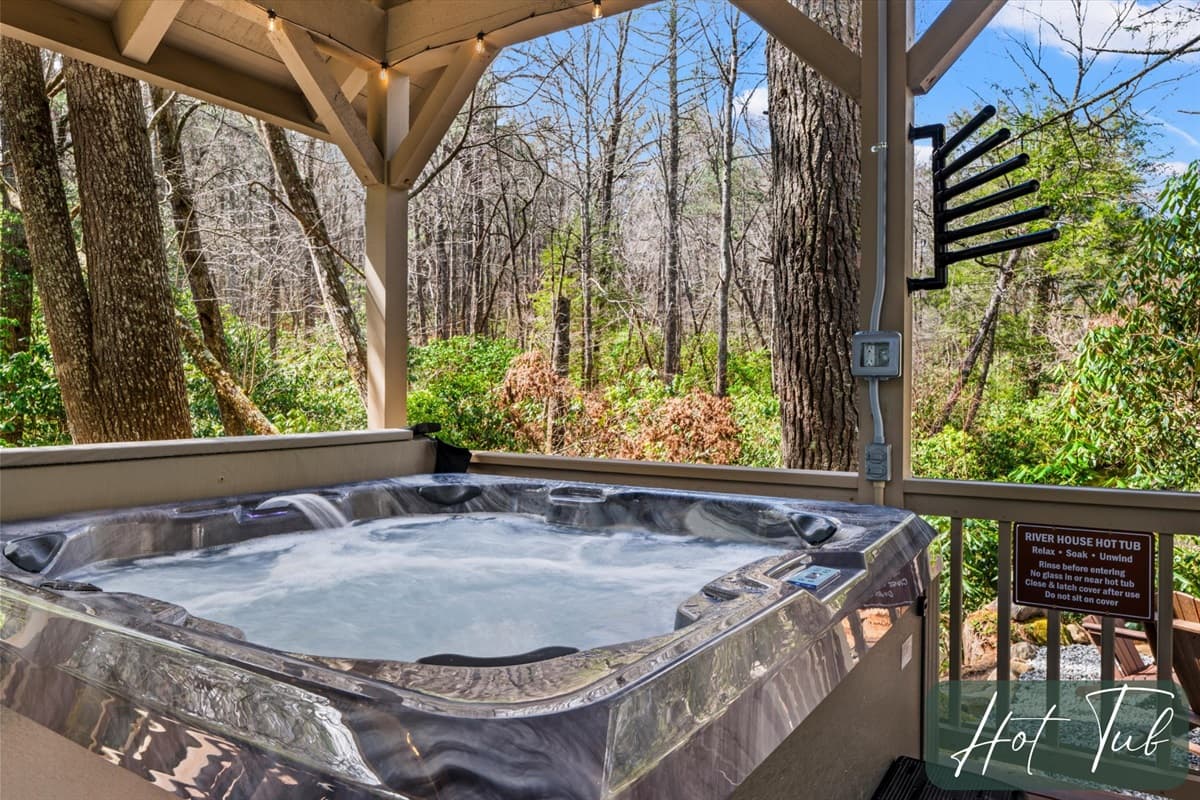 Hot Tub on the Covered Porch with String Lights, Hot Tub Towel Holder and Lush Forest Views
