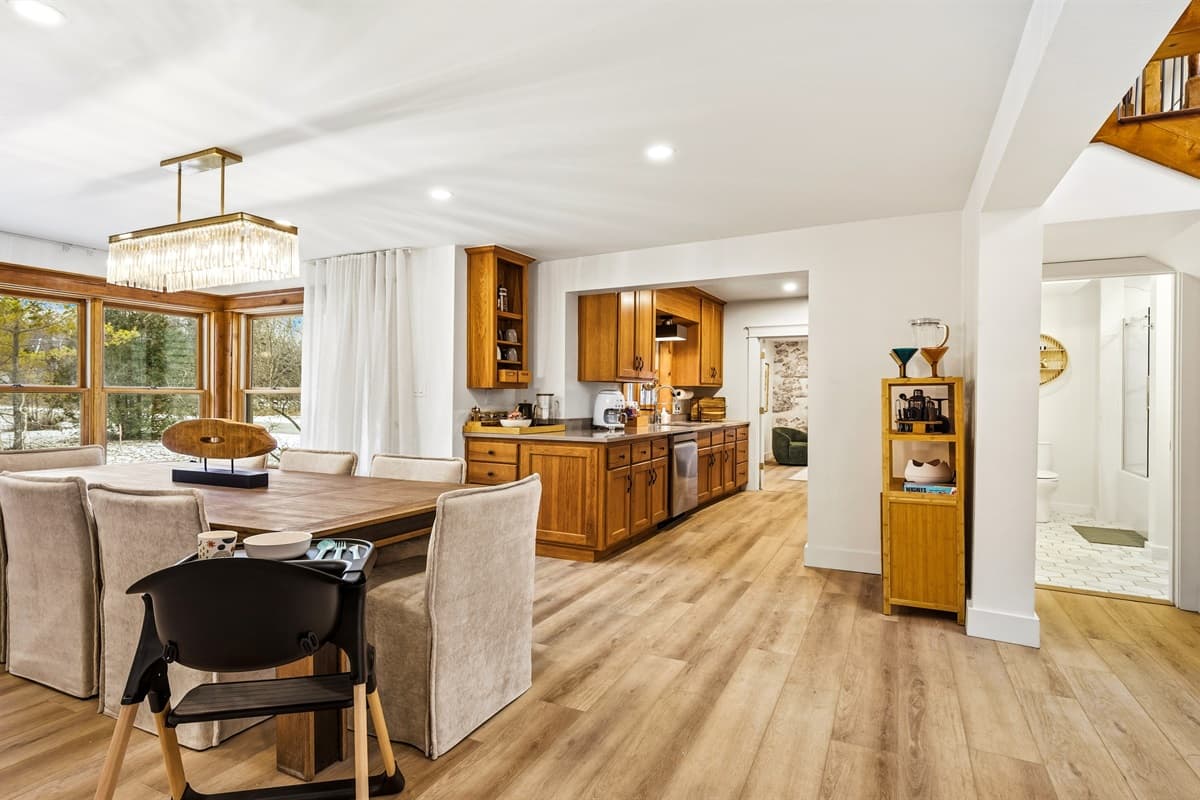 Flowing from the dining room is the coffee station and a fully stocked kitchen.