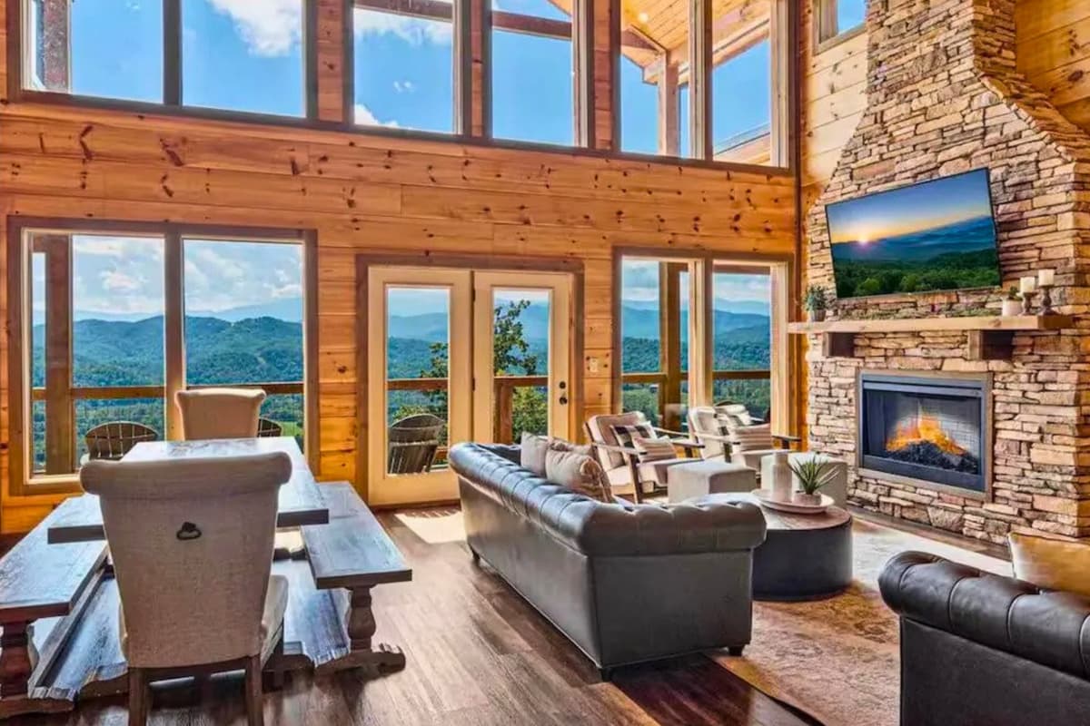 Imagine settling into a cozy living room with the Smoky Mountains right outside your windows.