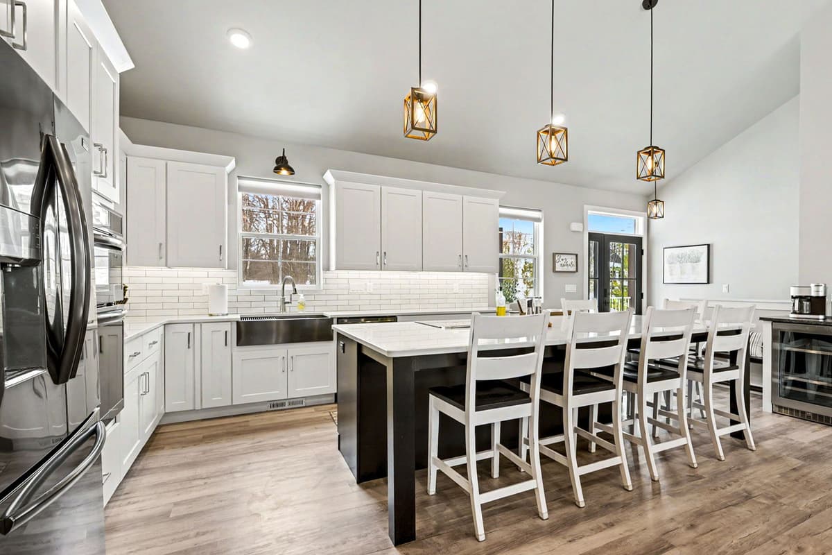 The kitchen island is the perfect gathering spot for casual meals and good conversation.