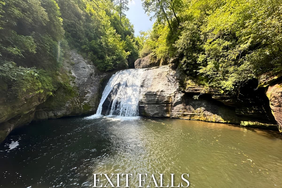 Exit Falls opens into a large lagoon where guests often float in with tubes, fish for trout, or relax along the water’s edge.
