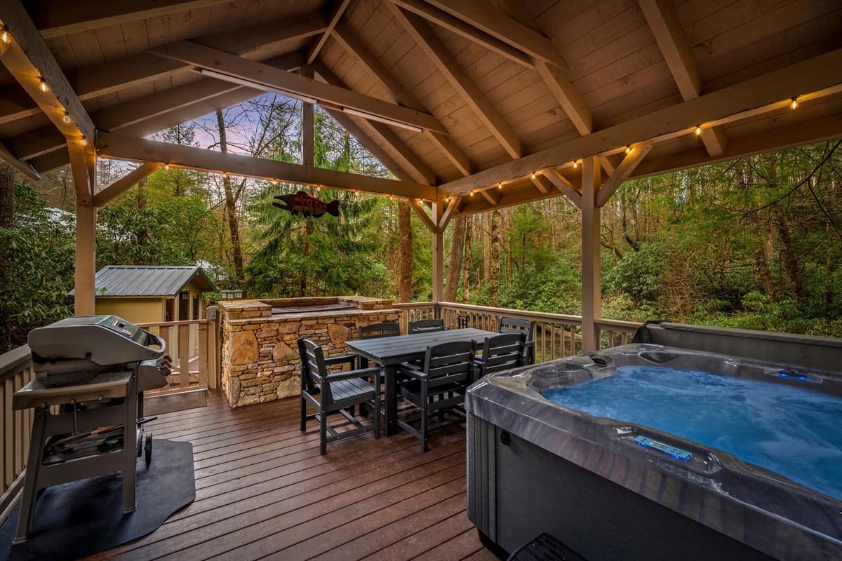 Hot Tub on the Covered Gazebo Deck with Outdoor Dining, Gas Grill, Stone Charcoal Grill (guests bring own charcoal) and String Lights
