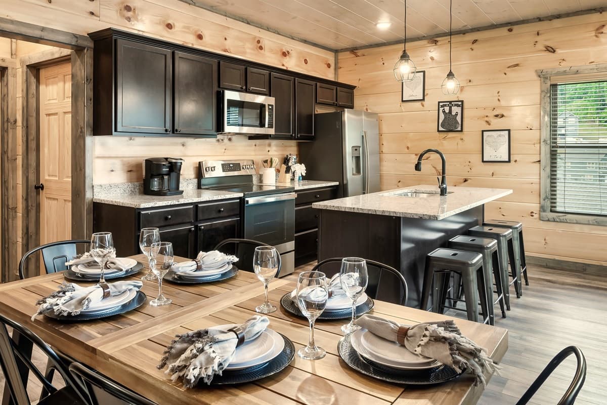 Let's get cozy in our cabin kitchen & dining - perfect for a delicious meal with friends and family
