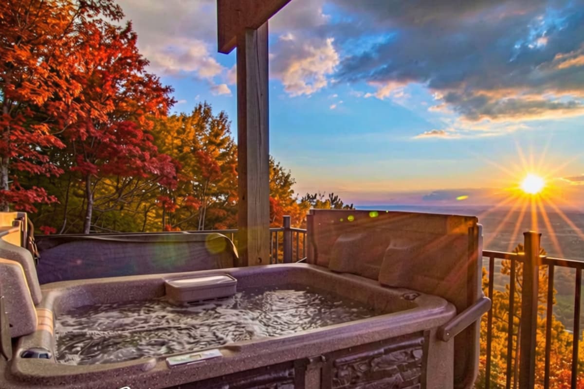 Soak your cares away in the private hot tub while surrounded by breathtaking mountain scenery.