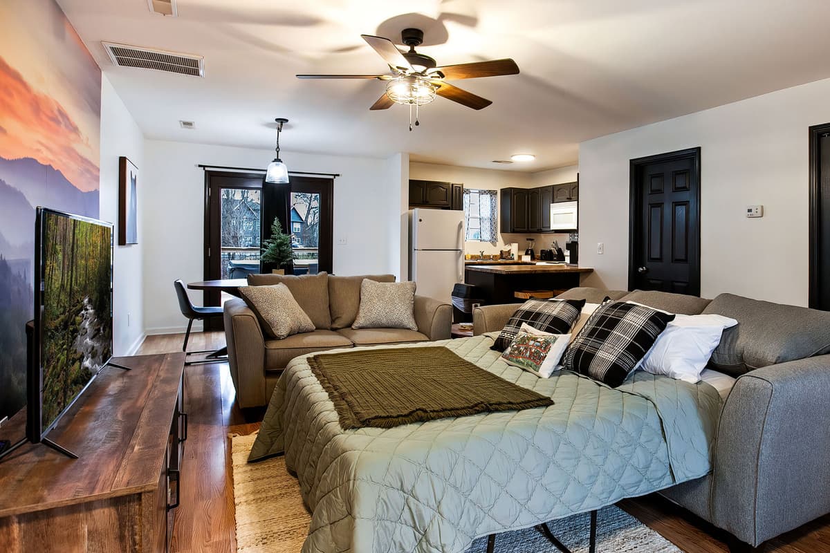 When extra sleeping space is needed, the sofa converts into a queen-size sleeper.
It’s a convenient option for additional guests.