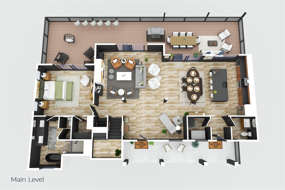 This detailed floor plan illustrates the spacious layout of the main living area, including the living room, dining area, and multiple bedrooms.