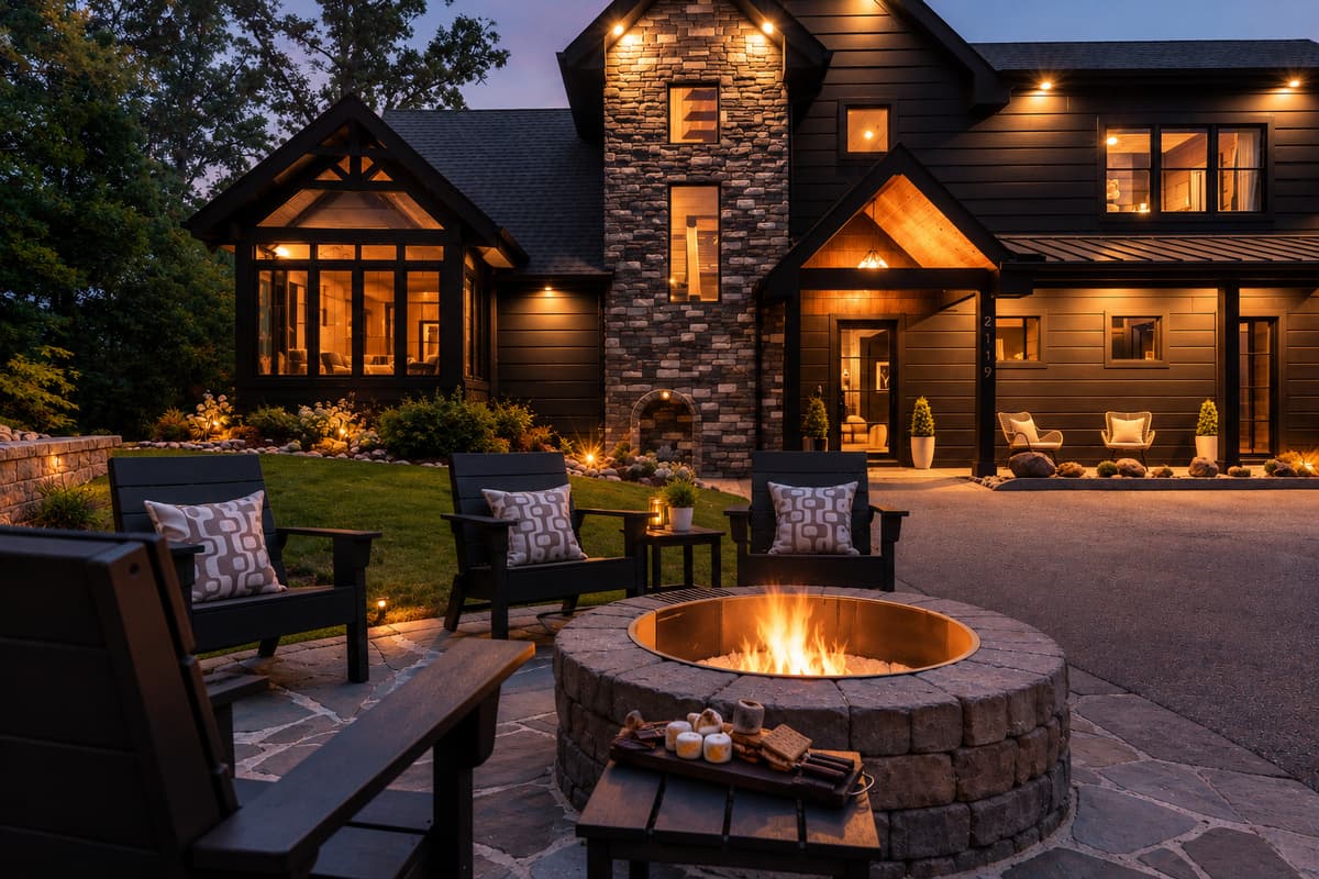 This cozy outdoor seating area, complete with plush chairs and a central fire pit, provides an ideal spot for enjoying cool evenings under the open sky. The warm glow of the fire creates a perfect ambiance for relaxation and social gatherings amidst the be