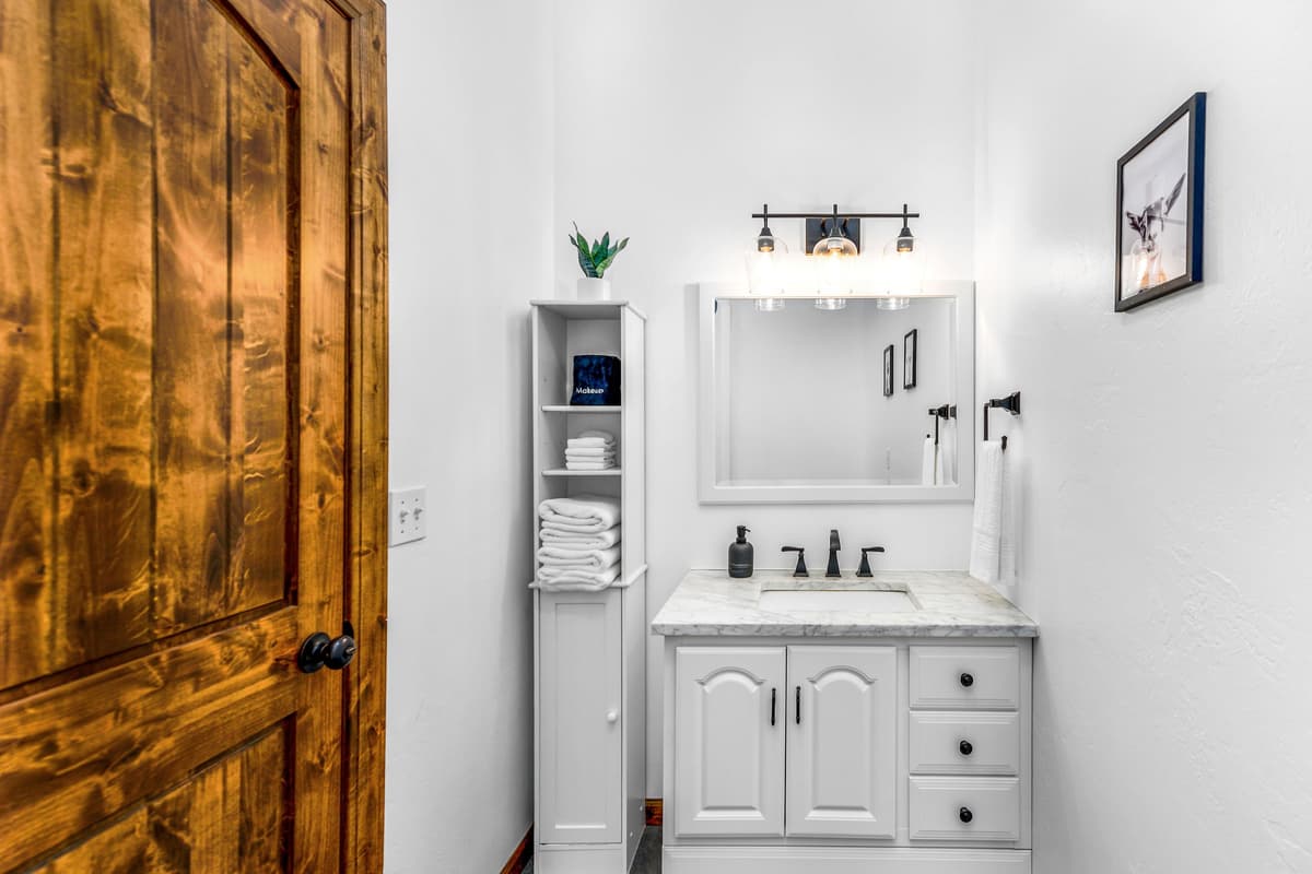 The thoughtfully arranged space makes getting ready easy for guests.