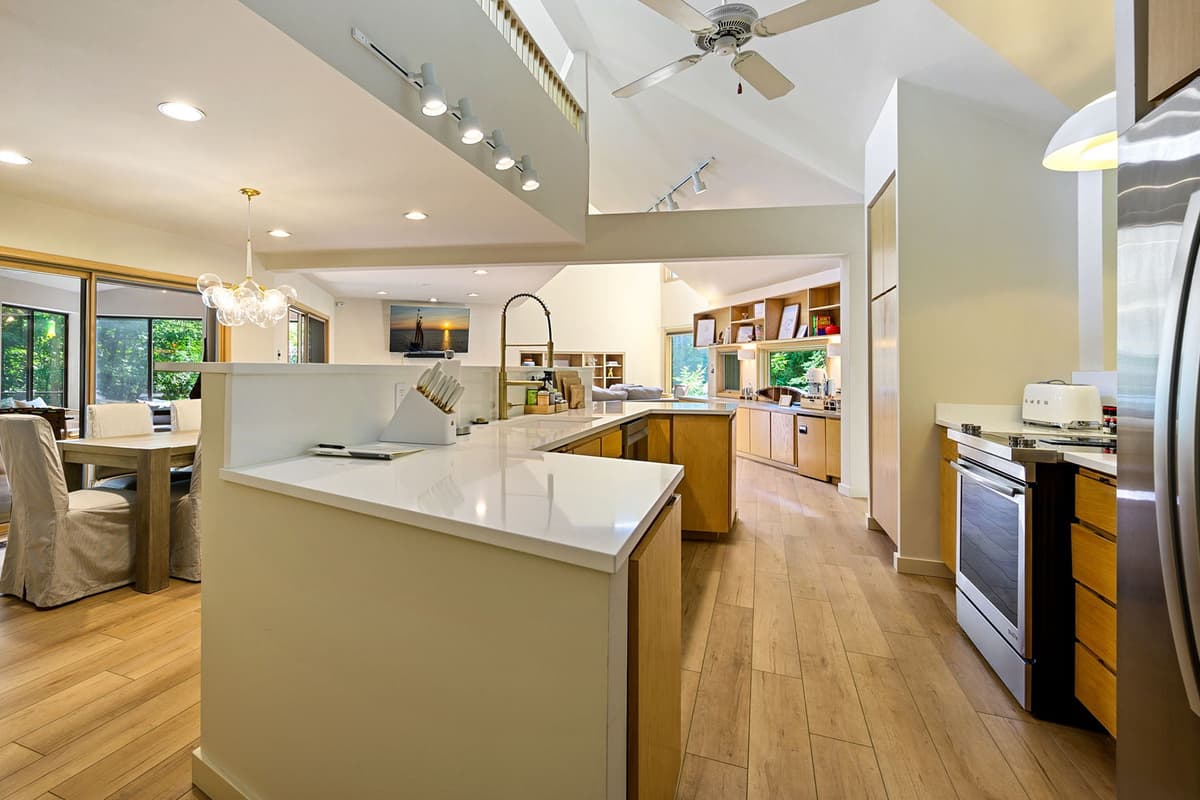 Cook with ease in the fully stocked kitchen, equipped with stainless steel appliances and all the essentials you need.