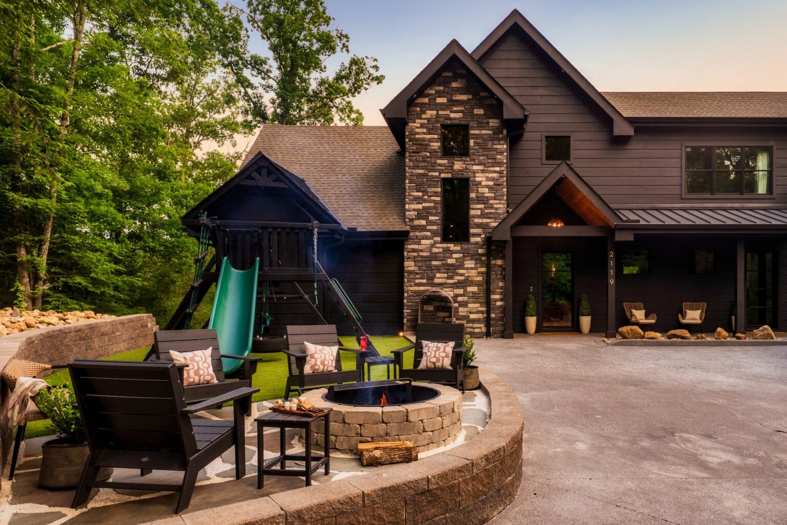 This dynamic game room features a full-sized billiard table